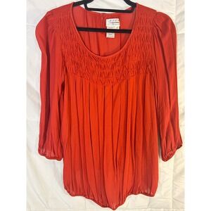 M S S P Women Red Smocked Gathered Yoke 3/4 Sleeve Blouse Shirt Top M